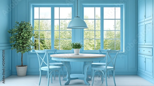 Bright Blue Dining Area with Stylish Table and Fresh Greenery
