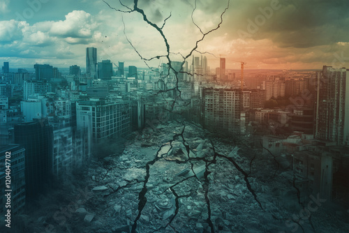 Abstract cracked earth double exposure concept of earthquakes and natural disaster