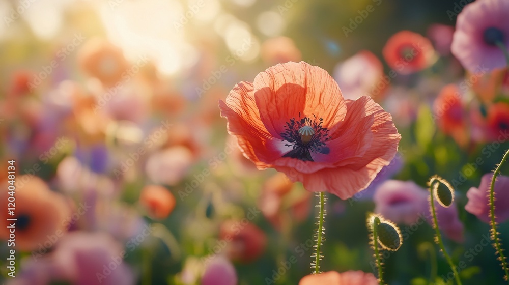 Vibrant Poppy Flowers Blooming in a Colorful Garden Landscape Vibrant Poppy Flowers Blooming in a Colorful Garden Landscape