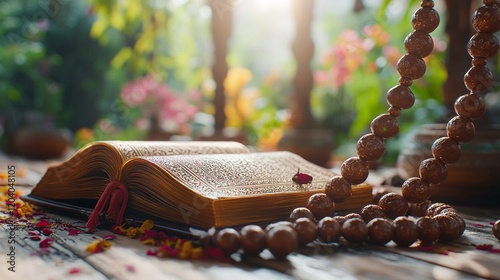 Open holy book with rosary beads on wooden surface.