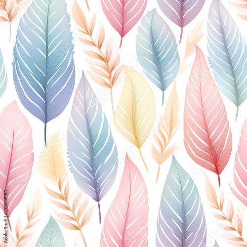 Pastel Tropical Leaves Pattern on White Background
