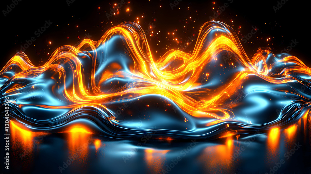 Fototapeta premium Abstract digital art of swirling, luminous blue and orange liquid, resembling fire and ice, with sparks. Perfect for backgrounds or design.