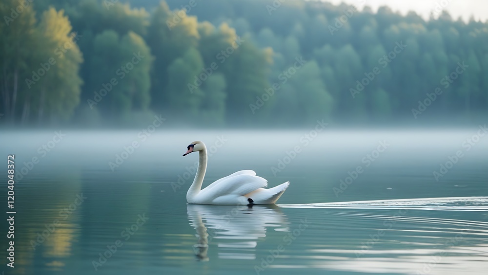 Fototapeta premium Graceful Swan on Misty Lake at Dawn