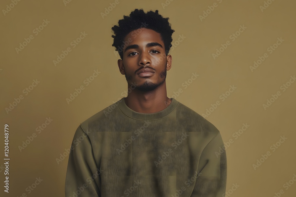 handsome man with a stylish look, short afro hairstyle, and green sweater posing against a minimalist background handsome man with a stylish look, short afro hairstyle, and green sweater posing against a minimalist background