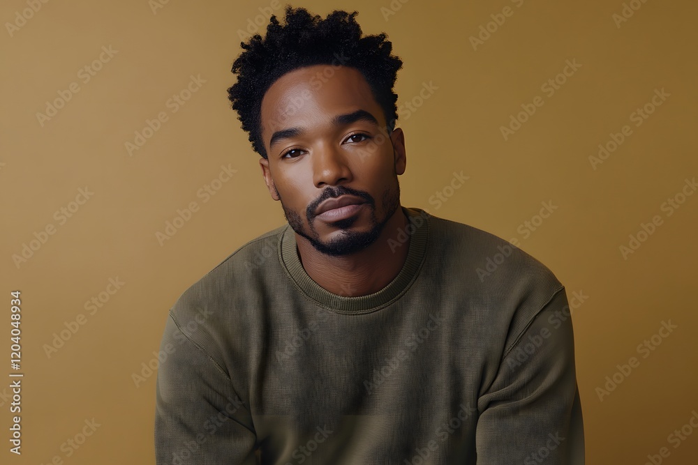 handsome man with a stylish look, short afro hairstyle, and green sweater posing against a minimalist background handsome man with a stylish look, short afro hairstyle, and green sweater posing against a minimalist background