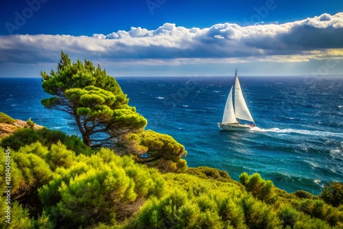 Surreal Seascape: Lone Sailboat Driven by Mistral Wind photo