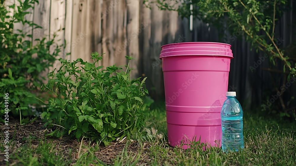 A pink garbage can is positioned next to a herb and a bottle of water in the backyard A pink garbage can is positioned next to a herb and a bottle of water in the backyard