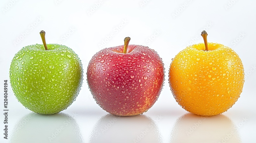 Fresh Green Red Yellow Apples with Water Drops on White Surface Fresh Green Red Yellow Apples with Water Drops on White Surface