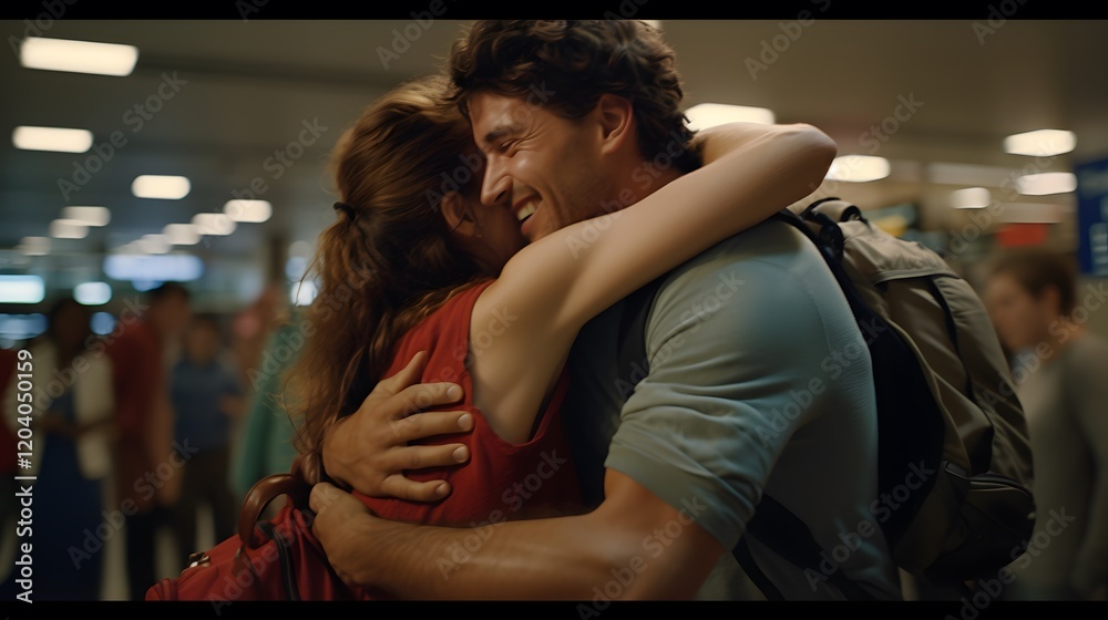 Joyful reunion at a busy train station as friends embrace after a long separation Joyful reunion at a busy train station as friends embrace after a long separation
