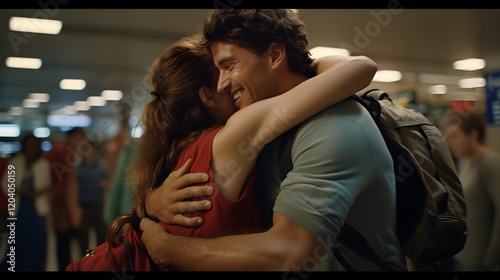 Joyful reunion at a busy train station as friends embrace after a long separation