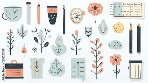 Artistic collection of stationery and nature-inspired elements arranged on a light background