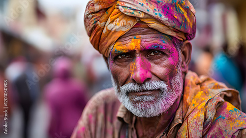 Colorful portrait of an elderly man celebrating Holi festival, vibrant face with splashes of pink and yellow powder