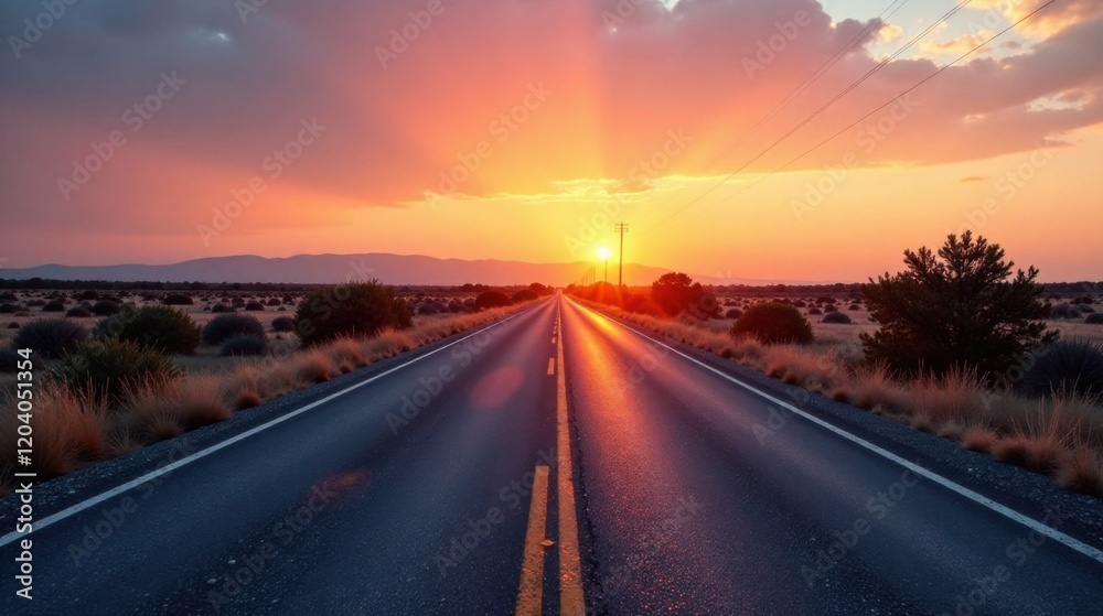 Fototapeta premium A scenic highway stretches towards a vibrant sunset, bathed in warm hues of orange and pink, with a tranquil landscape on either side.