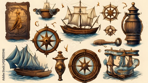 Nautical themed collection featuring ships, compasses, and maritime artifacts in a vintage style photo