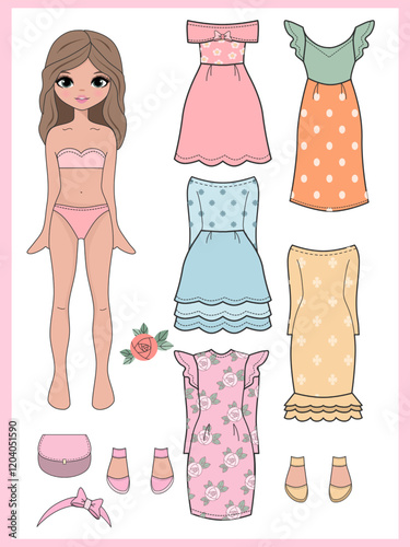  Paper doll clothes. Fashion girl with clothes set, collection. Paper doll dress up, cutouts, cut out. Vector illustration. Paper doll printable . Stickers. Toy, game for children, kids. Cute baby dol