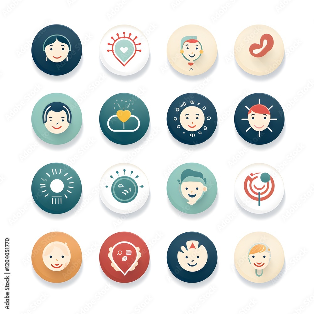 Diverse collection of circular icons representing various emotions and human expressions designed for creative projects