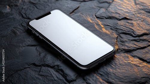 Modern smartphone mockup with a blank white screen placed on textured black stone surface for design presentations photo