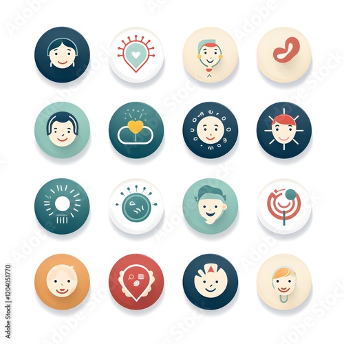 Diverse collection of circular icons representing various emotions and human expressions designed for creative projects