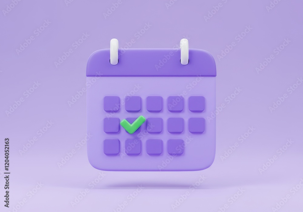 A minimalist 3D illustration of a purple calendar with a green checkmark on one of the dates A minimalist 3D illustration of a purple calendar with a green checkmark on one of the dates