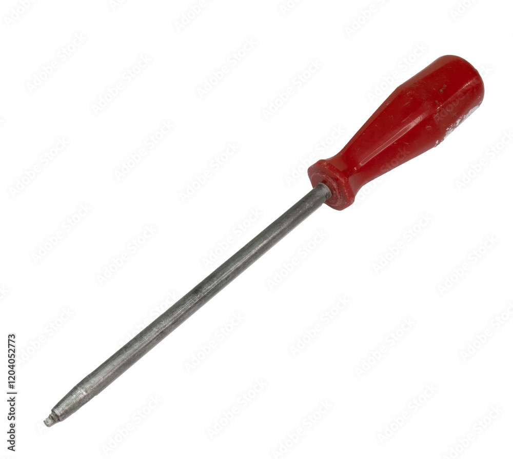 Old isolated square Robertson screwdriver with red handle many scratches
Old isolated square Robertson screwdriver with red handle many scratches