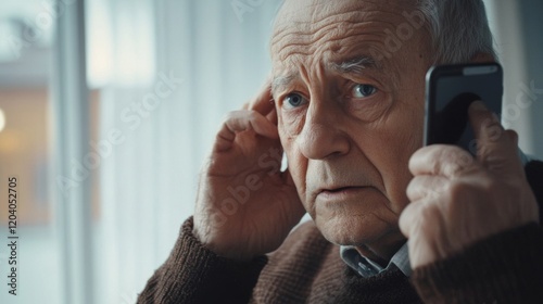 Fraud and deception. A shocked, worried elderly man in the process of talking to a scammer.