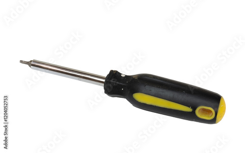 Old isolated square Robertson screwdriver with black and yellow handle many scratches
