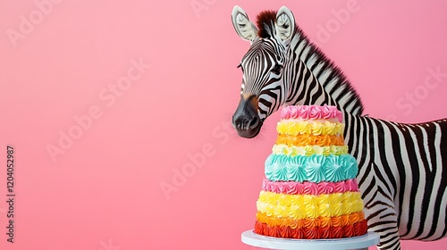 A zebra standing next to a multitiered colorful cake photo