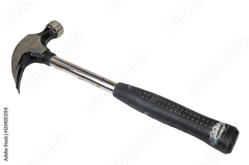 Isolated old steel hammer tool with many scratches and spots of paint
