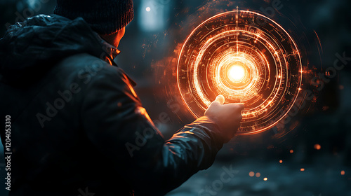 A time traveler holding a glowing device, forecasting pivotal historical moments. (1)