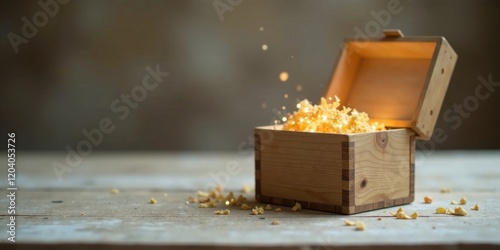 A Wooden Treasure Chest Overflowing with Glimmering Golden Particles on a Rustic Surface