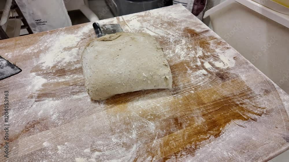 découpe de la pate de pain de campagne en deux morceaux sur le plan de travail en bois farineux. 