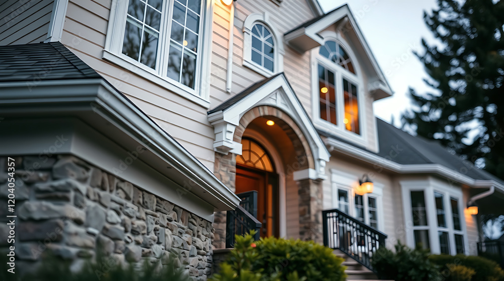 Fototapeta premium Luxury Home Exterior at Dusk: Modern Architecture and Landscaping