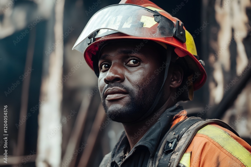 Obraz premium firefighter portrait with heroic figure wearing a helmet in an emergency response scene showcasing bravery and disaster recovery