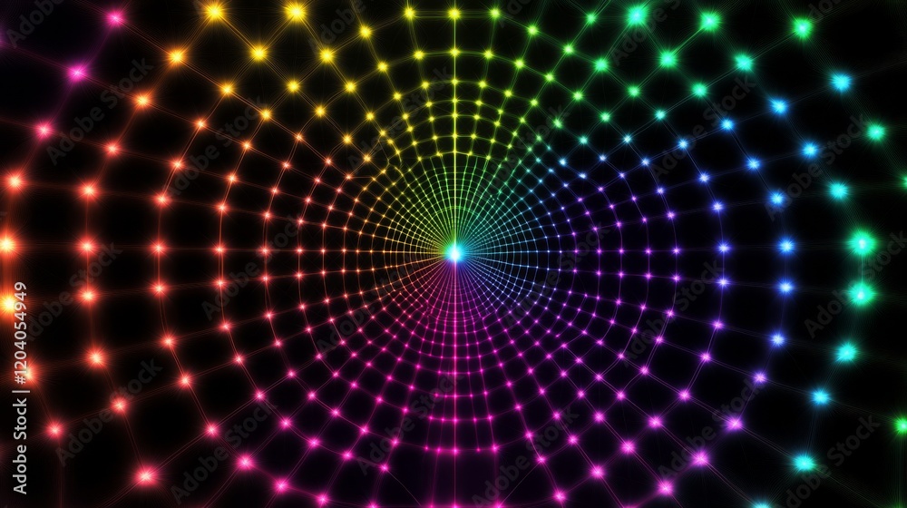 Vibrant rainbow grid with geometric pattern and glowing lights
