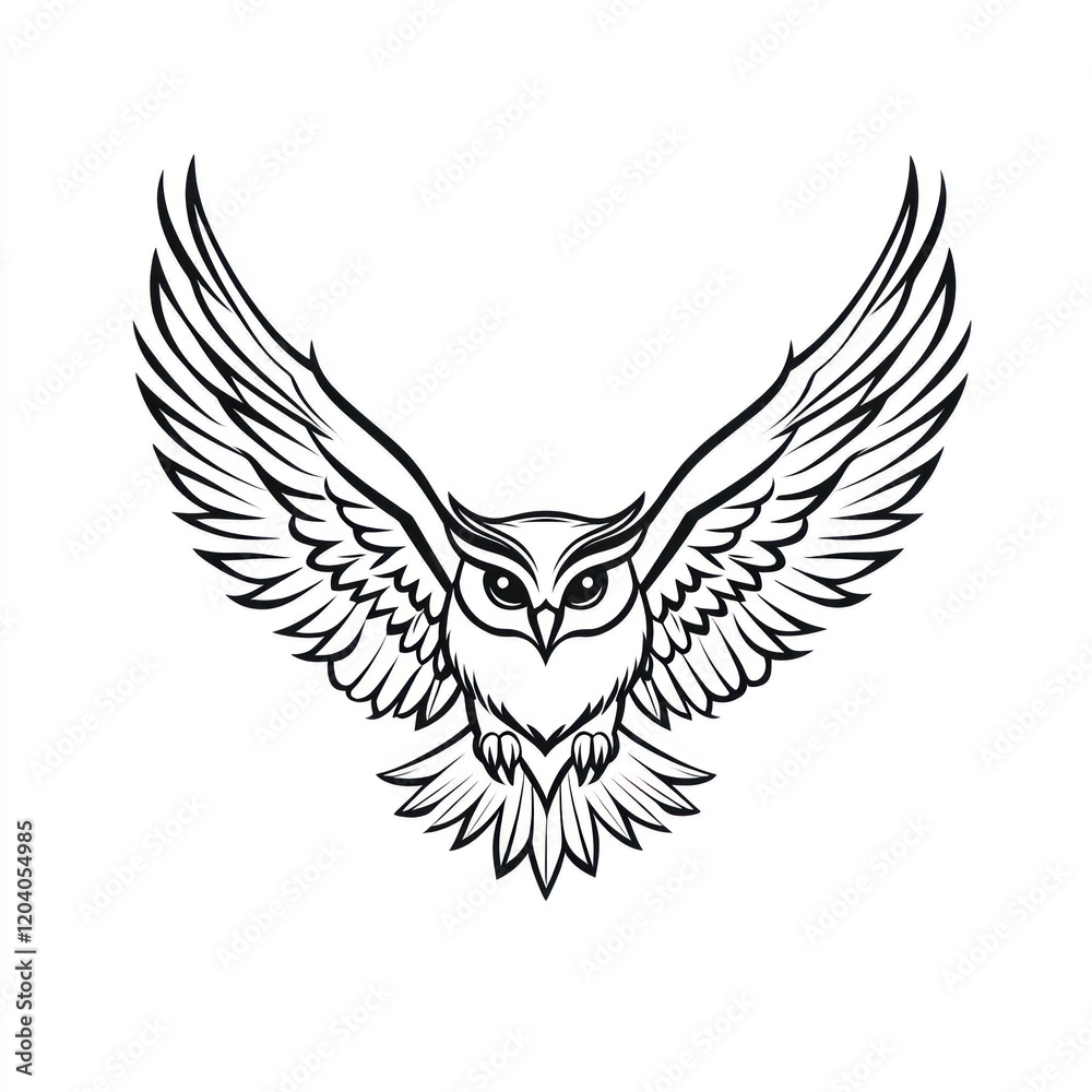 Owl in flight, black and white line art, graphic design, artistic Owl in flight, black and white line art, graphic design, artistic