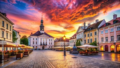 Tartu, Estonia:  Charming Town Square & Medieval Architecture at Sunset photo