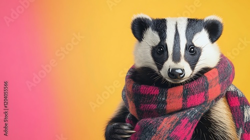 Gentle badger in a patterned scarf isolated on a colorful background