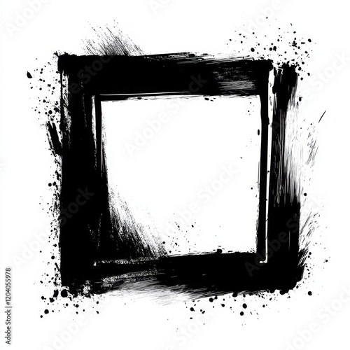 Grunge black paint square frame border with splatters on white background.