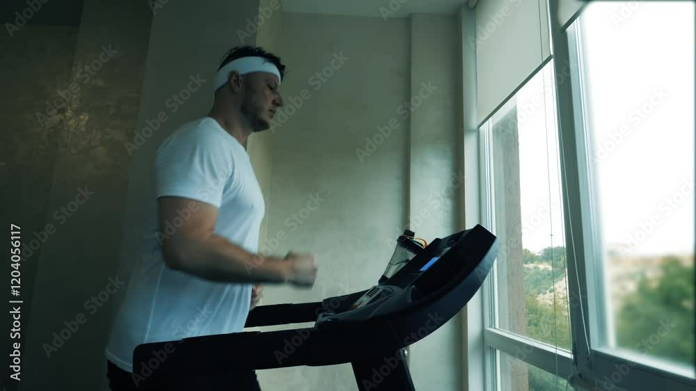 A man runs on a treadmill for cardio training at home. Home training for running on an electric treadmill. Slow motion. A man runs on a treadmill for cardio training at home. Home training for running on an electric treadmill. Slow motion.