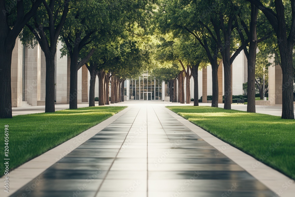 concept low carbon building Lush green trees line a peaceful walkway in a serene urban setting. concept low carbon building Lush green trees line a peaceful walkway in a serene urban setting.