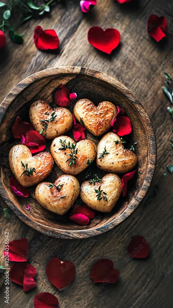Heart-shaped baked treats surrounded by rose petals in a rustic wooden bowl on a table Heart-shaped baked treats surrounded by rose petals in a rustic wooden bowl on a table