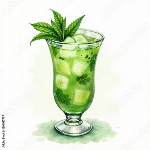 Glass Goblet with Lime and Mint Drink Garnished with Mint Leaves on White Background with Copy Space