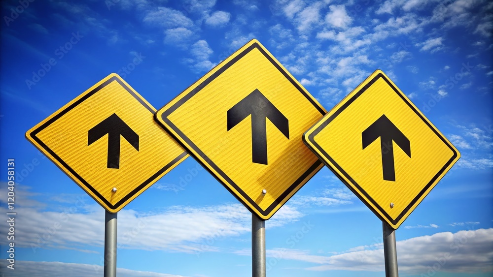 Three Yellow Road Signs with Black Arrows - Directional Signage Stock Photo Three Yellow Road Signs with Black Arrows - Directional Signage Stock Photo