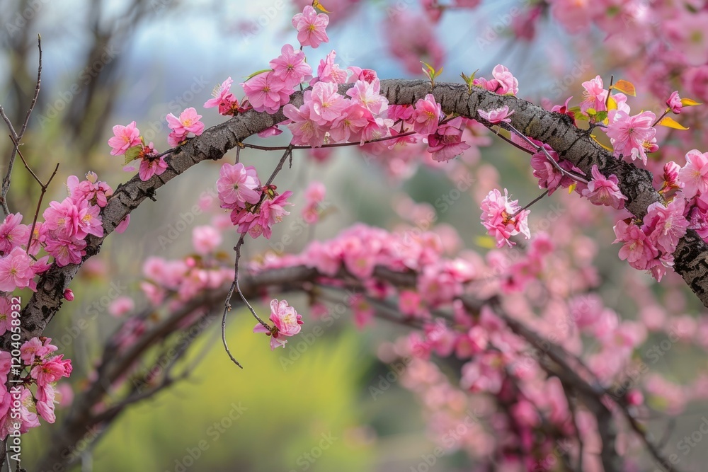 Pink cherry blossoms creating a natural arch against a soft green backdrop, celebrating the beauty of spring Pink cherry blossoms creating a natural arch against a soft green backdrop, celebrating the beauty of spring