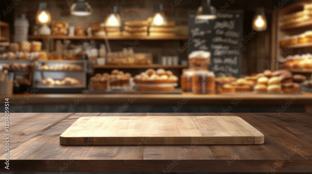 Naklejka premium Wooden board empty table background. abstract blurred bakery shop background.