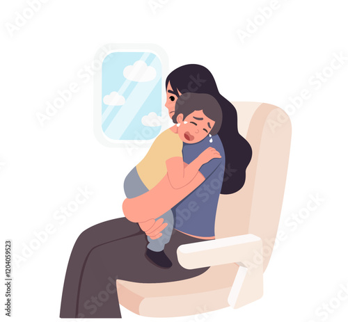 Baby cries on airplane, mother comforts crying child