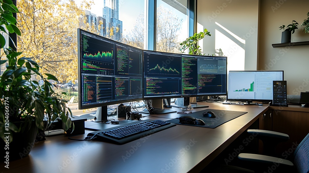 Modern office workspace with three curved monitors displaying stock market data, keyboard, mouse, and plants.