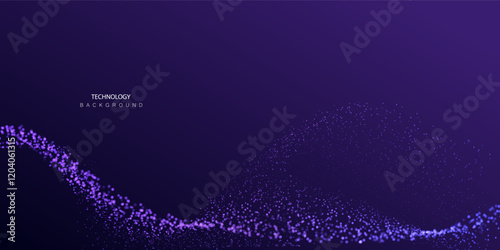 Technology particles banner. Dots dust ai big data stream waves neon purple background. Futuristic network connect vector motion design.