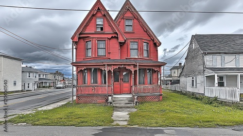 Victorian-era twin house, vibrant red facade, weathered wooden porch, and cloudy sky over a city street. photo