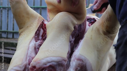 pork. In the open air, a pig carcass is being cut up for further sale. close-up.